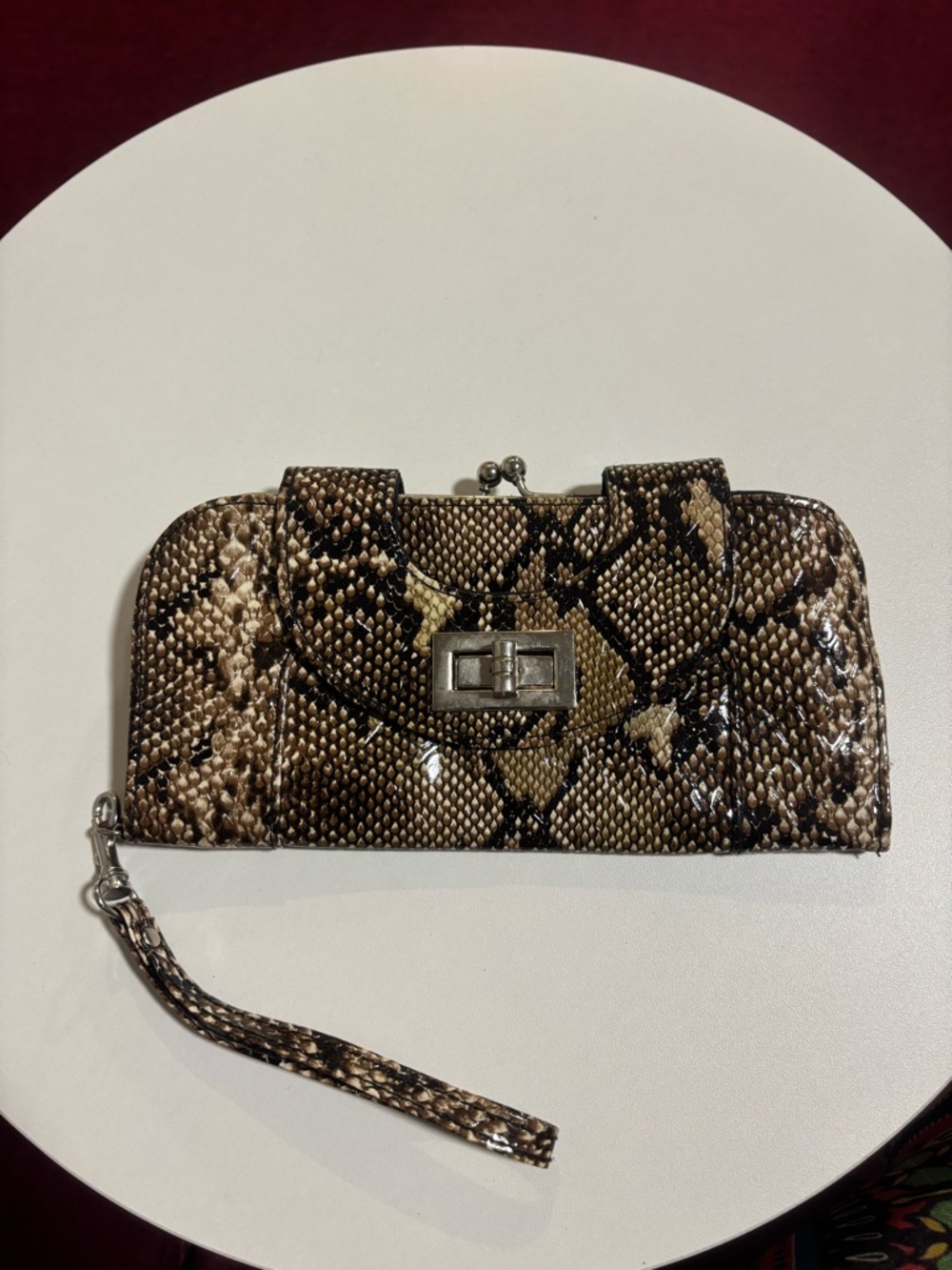 Snake-Print Wristlet Clutch in Brown